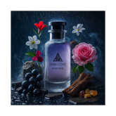 Jean Lowe Maitre 100ml EDP showcased with flowers, grapes, and stones, creating an elegant fragrance display.